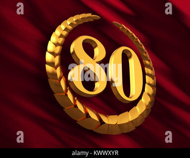 Anniversario Golden corona di alloro e il numero di riferimento 80 sulla bandiera rossa . 3D'illustrazione. Foto Stock