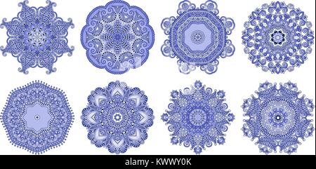 Set di 8 cerchio paisley pattern per l'inverno design fiocchi di neve Illustrazione Vettoriale