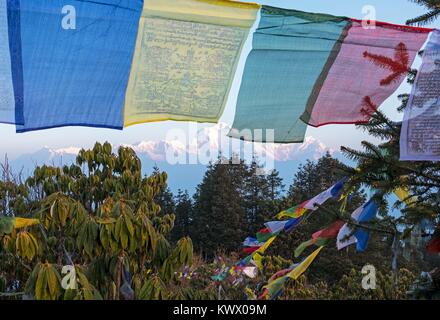 Preghiera flutter flags su 12.04.2017 a sunrise prima della catena Hannapurna panorama di montagna in Poon collina vicino Ghorepani / Nepal nell'Annapurna Conservation Area. | Utilizzo di tutto il mondo Foto Stock