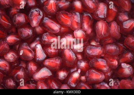 Abstract macro close up food fotografia immagine di colore rosso brillante shiny succosa sani i semi di melograno per uno sfondo e un spazio di copia Foto Stock