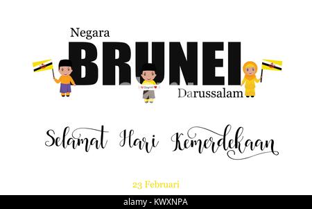 Brunei Giornata Nazionale della scheda Messaggi di saluto. Logo per bambini. Inglese: Nazione del Brunei. Felice Giorno di Indipendenza. Febbraio 23 Illustrazione Vettoriale