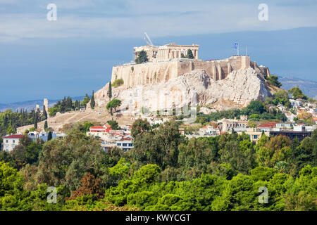 Tempio del Partenone dell'Acropoli di Atene, Grecia. L'Acropoli di Atene è un antica cittadella situato su uno sperone roccioso sopra la città di A Foto Stock