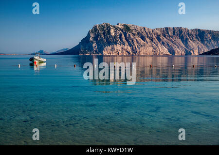 Isola di Tavolara, vista dalla spiaggia di Cala Suaraccia (Le Farfalle), mare Mediterraneo spiaggia vicino al villaggio di Monte Petrosu, Sardegna, Italia Foto Stock