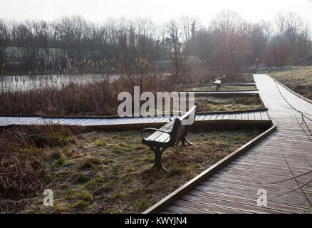 Bishops Stortford, St Michael's Mead, Southern Country Park, i sedili a panchina, frosty mattina Foto Stock