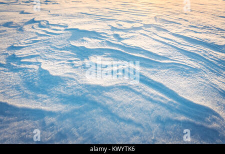 Wind patterns sagomati sul fresco di neve caduti nella calda luce di sunrise Foto Stock