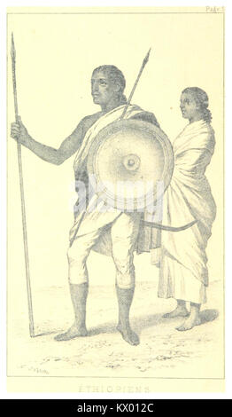 Questa pagina tratta dal lavoro di Simon del 1885 raffigura gli etiopi, fornendo un'illustrazione storica e un resoconto etnografico del popolo e della cultura dell'Etiopia alla fine del XIX secolo. Foto Stock