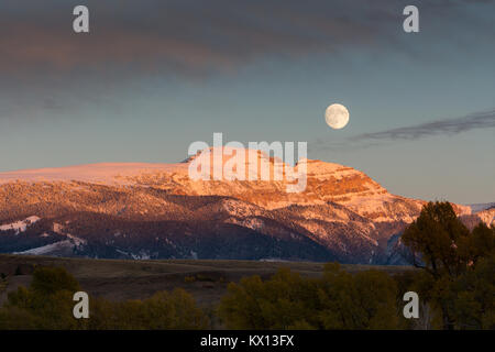 La luna piena che si eleva al di sopra del pelo, Indiano aka, pecore di montagna del Gros Ventre montagne. Il Parco Nazionale del Grand Teton, Wyoming Foto Stock