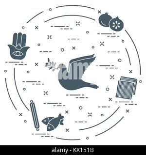 Simboli ebraici: Colomba, Olive Branch, melograno, matzah, pesce, hamsa, mezuzà. Progettazione per la cartolina, banner, poster o di stampa. Illustrazione Vettoriale