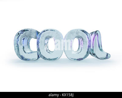 Parola COOL costituito da lettere di ghiaccio su sfondo bianco. Il rendering 3D Foto Stock