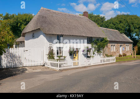 Un grazioso cottage con il tetto di paglia, Gunwalloe, Cornwall, Regno Unito - Giovanni Gollop Foto Stock