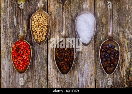 Varie spezie in cucchiai di legno sul marrone scuro dello sfondo. Diversi tipi di paprika e peppe. Vista dall'alto. diversi tipi di spezie peperoni Foto Stock