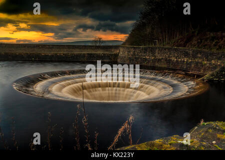 Una lunga esposizione immagine orizzontale del tramonto a scarico, Ladybower Reservoir, Derbyshire Foto Stock