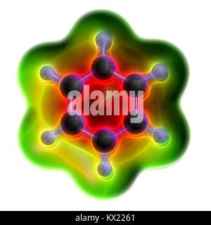 Computer illustrazione di un benzene idrocarburo aromatico molecola. Importante nella petrolchimica, componente della benzina. Gli atomi sono rappresentati come sfere con i tradizionali colori: idrogeno (bianco), carbonio (grigio). Mostrate al di sotto della molecola è una parte della molecola del potenziale elettrostatico mappa. Foto Stock