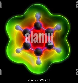 Computer illustrazione di un benzene idrocarburo aromatico molecola. Importante nella petrolchimica, componente della benzina. Gli atomi sono rappresentati come sfere con i tradizionali colori: idrogeno (bianco), carbonio (grigio). Mostrate al di sotto della molecola è una parte della molecola del potenziale elettrostatico mappa. Foto Stock