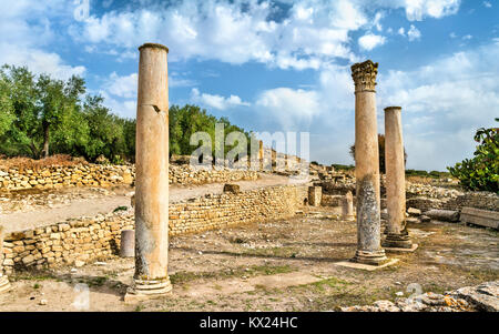 Vista di Dougga, antica città romana in Tunisia Foto Stock