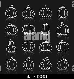 Pimpkin sottile linea bianca riflessione icon set. Gourd vettore simbolo lineare pack. Squash profilo piatto segno senza riempire. Pittogramma di semplice collezione di oltre grafica Illustrazione Vettoriale