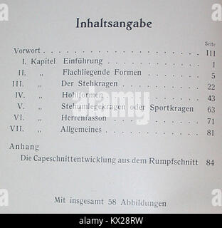 Die neue Kragenschnittmethode, Hanns Sam, Frankfurt am Main, Inhaltsverzeichnis Foto Stock