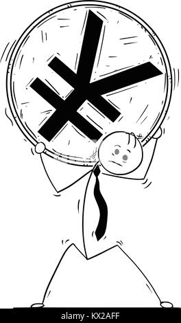 Cartoon stick uomo disegno illustrazione concettuale di imprenditore trasportare grandi Yen o Yuan moneta sulle sue spalle. Illustrazione Vettoriale