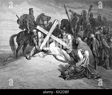 "Arrivo al Calvario" di Gustave Doré è un'illustrazione del XIX secolo raffigurante la crocifissione di Cristo, parte della serie di opere bibliche di Doré. Foto Stock