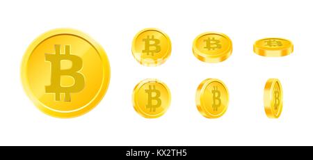 Bitcoin moneta in oro icon set in angoli diversi isolati su sfondo bianco. Valuta digitale concetto di denaro. Simbolo di valuta crypto, blockchain tecnologia. Modello di progettazione in vettore Illustrazione Vettoriale