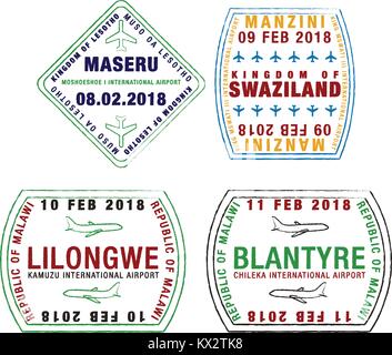 Set di stilizzati passaporto francobolli per i maggiori aeroporti del Lesotho, Swaziland e Malawi in formato vettoriale. Illustrazione Vettoriale