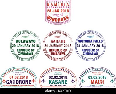 Set di passaporto stilizzata timbri per i principali aeroporti della Namibia, Zimbabwe e Botswana in formato vettoriale. Illustrazione Vettoriale