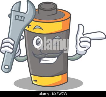 Meccanico mascotte della batteria in stile cartone animato Illustrazione Vettoriale