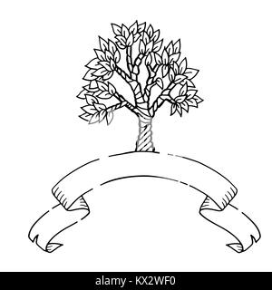 Disegnata a mano scetch tree con nastro banner. Modello Zentagle illustrazione vettoriale. Illustrazione Vettoriale