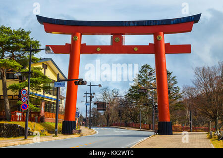 NIKKO, Giappone - 16 novembre 2015: massiccia torii gate del Santuario Futarasan nella parte anteriore del Lago Chuzenji in NIkko Foto Stock