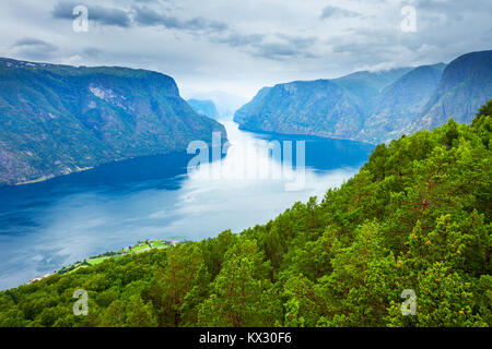 Antenna di Sognefjord vista panoramica dal Stegastein Lookout. Stegastein è un punto di vista platform vicino al villaggio di Flam a Aurlandsfjord, Norvegia. Foto Stock