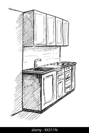 Mano bozzetto. Disegno lineare di un interno. Parte del bagno. Illustrazione Vettoriale Illustrazione Vettoriale