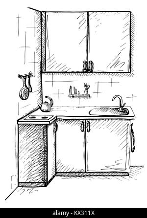 Schizzo di cucina. Piano cucina in stile linea. Illustrazione Vettoriale Illustrazione Vettoriale