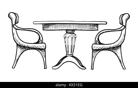 Due sedie e un tavolo. Illustrazione Vettoriale in un stile di disegno Illustrazione Vettoriale