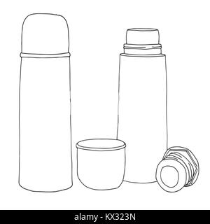 Schizzo di un thermos. Illustrazione Vettoriale. Isolato su sfondo bianco. Illustrazione Vettoriale