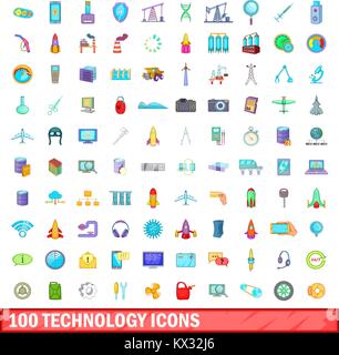 100 tecnologia set di icone, stile cartoon Illustrazione Vettoriale