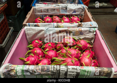 Drago fresco frutta scatolato in cassette di plastica pronto per il commercio all'ingrosso a un mercato di Bangkok. Foto Stock