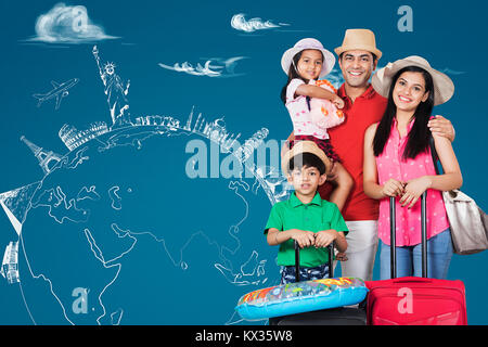 Concetto di viaggiare per il mondo un monumento con la famiglia felice Foto Stock