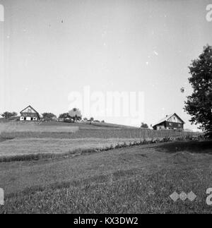 Questa fotografia del 1963 mostra due case di lavoratori in legno di nuova costruzione vicino al villaggio di Skomarje, in Slovenia. L'immagine evidenzia lo sviluppo rurale del dopoguerra e la crescita dei villaggi sloveni nei primi anni '1960 Foto Stock