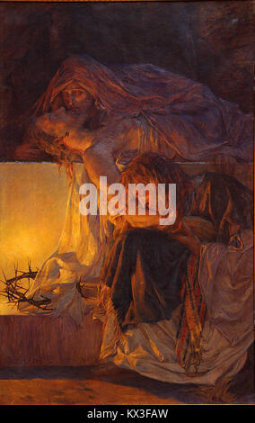 Il dipinto "lutto di Cristo" dell'artista croata Bela Čikoš Sesija (1864-1931) ritrae il corpo di Cristo circondato da lutto, tra cui la Vergine Maria e Giovanni. L'opera esemplifica il realismo accademico del XIX secolo e l'iconografia cristiana. Foto Stock