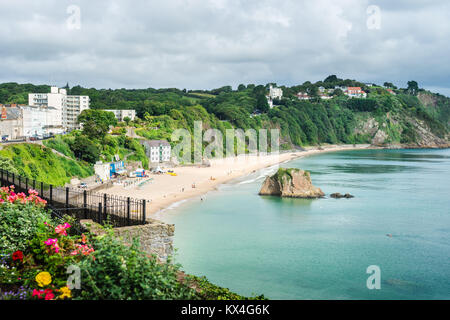Antenna vista spiaggia dal centro del lato nord di Tenby Beach, Galles Foto Stock