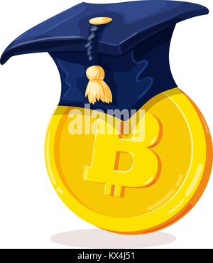 Bitcoin in College alumni hat. Cartoon valuta digitale. Oro cryptocurrency. Denaro e finanze simbolo. Il minatore bit criptocurrency coin. Illustra il vettore Illustrazione Vettoriale
