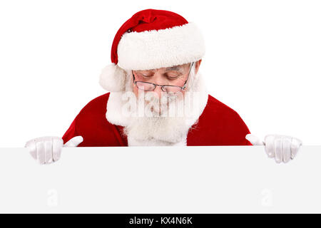 Vero Babbo Natale con barba grigia vuota di contenimento banner bianco , isolato su sfondo bianco Foto Stock