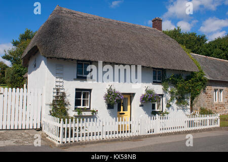 Un grazioso cottage con il tetto di paglia, Gunwalloe, Cornwall, Regno Unito - Giovanni Gollop Foto Stock