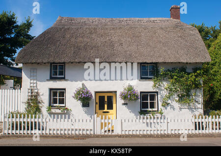 Un grazioso cottage con il tetto di paglia, Gunwalloe, Cornwall, Regno Unito - Giovanni Gollop Foto Stock