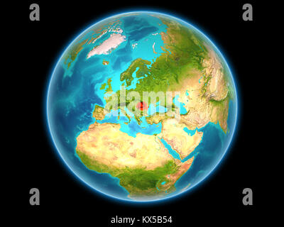 La Romania in rosso sul pianeta Terra come visto dallo spazio sulla sfera completa. 3D'illustrazione. Gli elementi di questa immagine fornita dalla NASA. Foto Stock