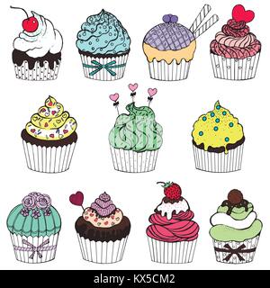 Mano bozzetto set di tortini colorati. Illustrazione di vettore isolato su sfondo bianco. Illustrazione Vettoriale