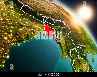 Il tramonto sopra il Bangladesh dallo spazio sul pianeta Terra con visibili i confini del paese. 3D'illustrazione. Gli elementi di questa immagine fornita dalla NASA. Foto Stock