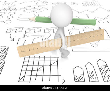 Dude 3D carattere portante in legno di grandi dimensioni righello e matita verde. Schizzi con business grafici grafici. 3D Render. Foto Stock