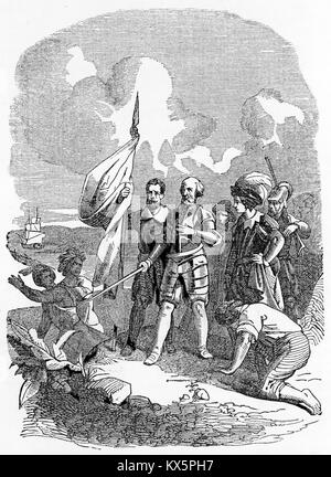 Incisione di Cristoforo Colombo sbarco nel Nuovo Mondo. Da una nuova storia degli Stati Uniti d'America, da Giovanni signore, 1859. Foto Stock