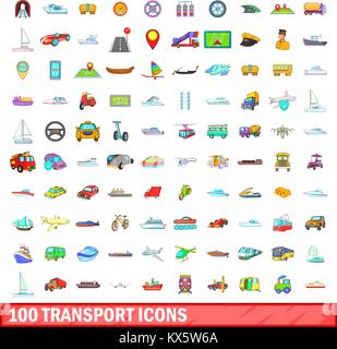 100 trasporto set di icone, stile cartoon Illustrazione Vettoriale